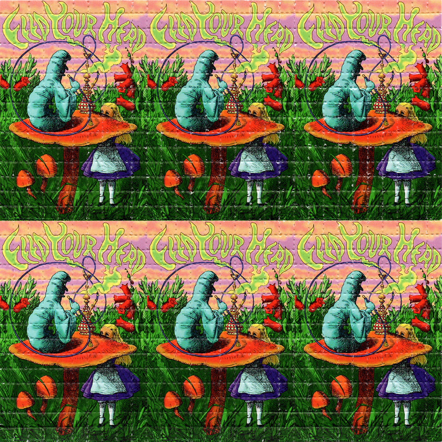 Blotter Art - acid free perforated blotter paper featuring vibrant mushroom and caterpillar design, 7.5x7.5 inches, 900 tabs.