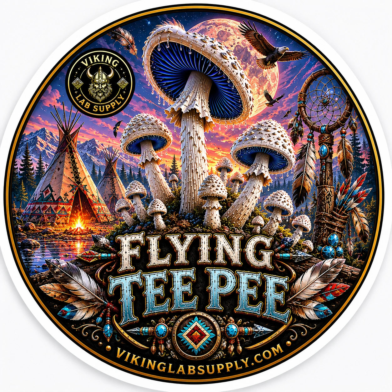 Liquid Cultures in 10ML Syringes for mycology research, featuring Viking Lab Supply's Flying Tee Pee illustration with fungi artwork.
