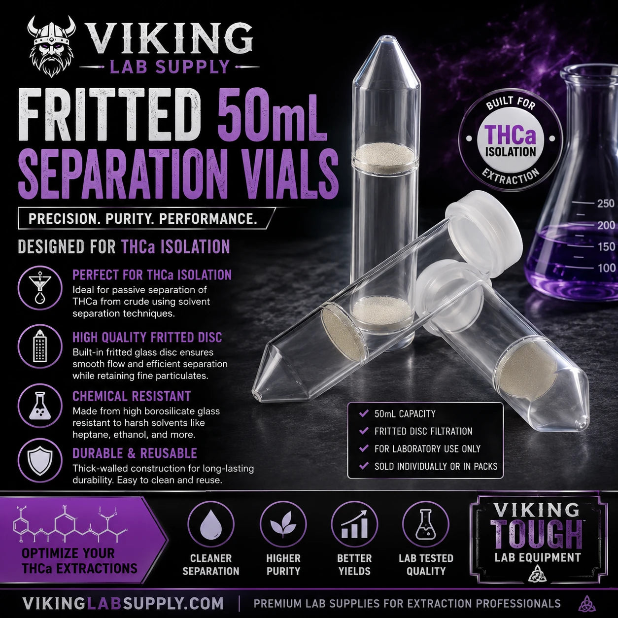 Fritted Separation Centrifuge Tube 50ML for THCa isolation and extraction processes, emphasizing precision and purity.