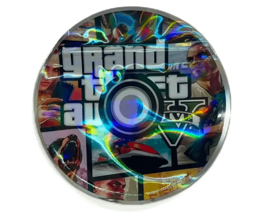 Holographic GTA 5 inspired design on a CD showcasing vibrant artwork and colorful reflections.