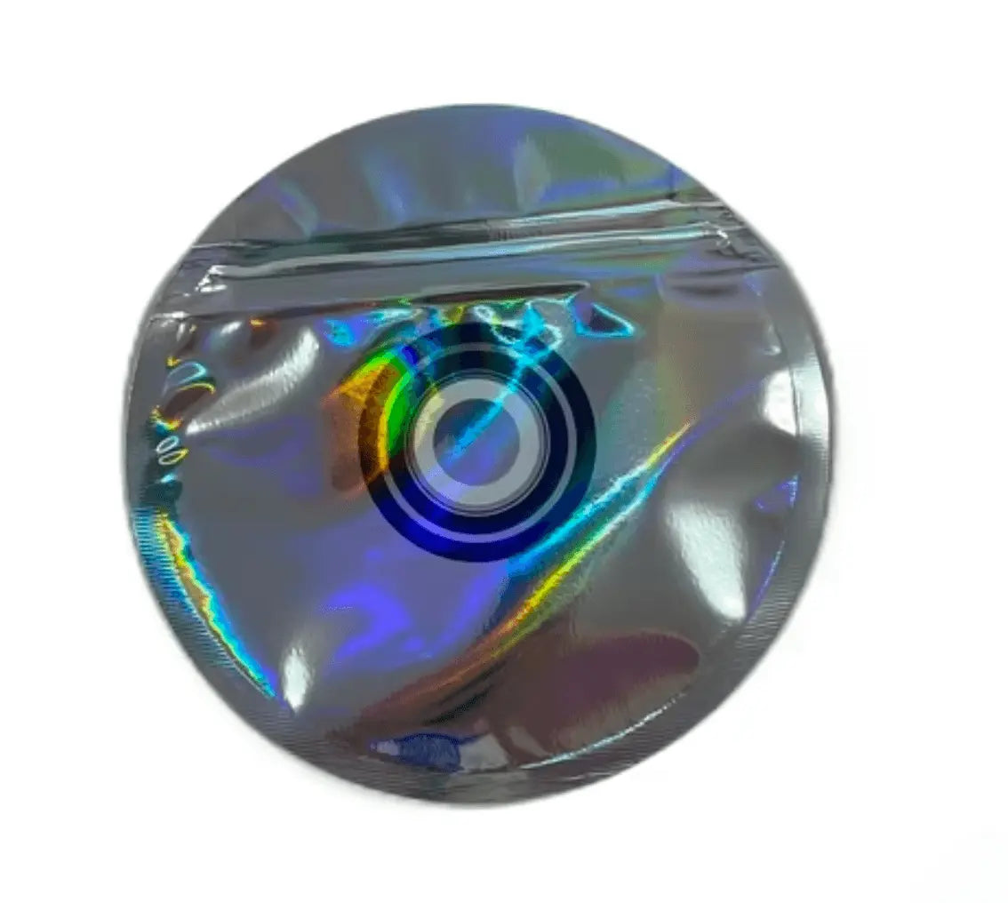 3.5g Smell Proof Zip Mylars GTA 5 holographic bag showcasing a circular design with reflective rainbow colors, ideal for storage and freshness.