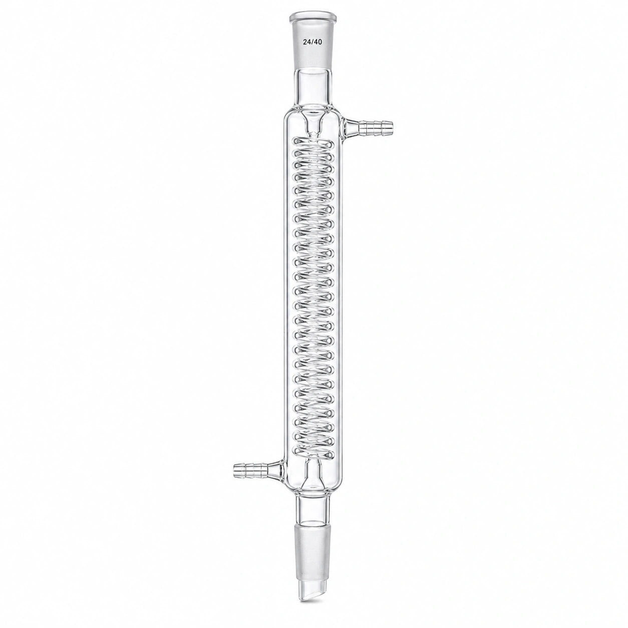 A clear glass condenser column with a spiral coil, side connections, and a 24/40 size top neck, isolated on a white background.