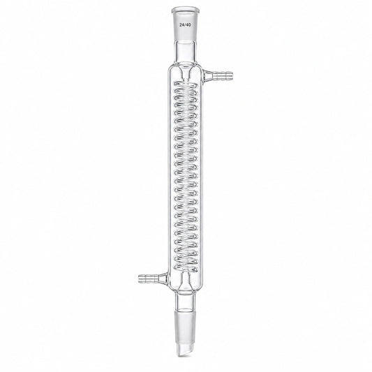 A clear glass condenser column with a spiral coil, side connections, and a 24/40 size top neck, isolated on a white background.
