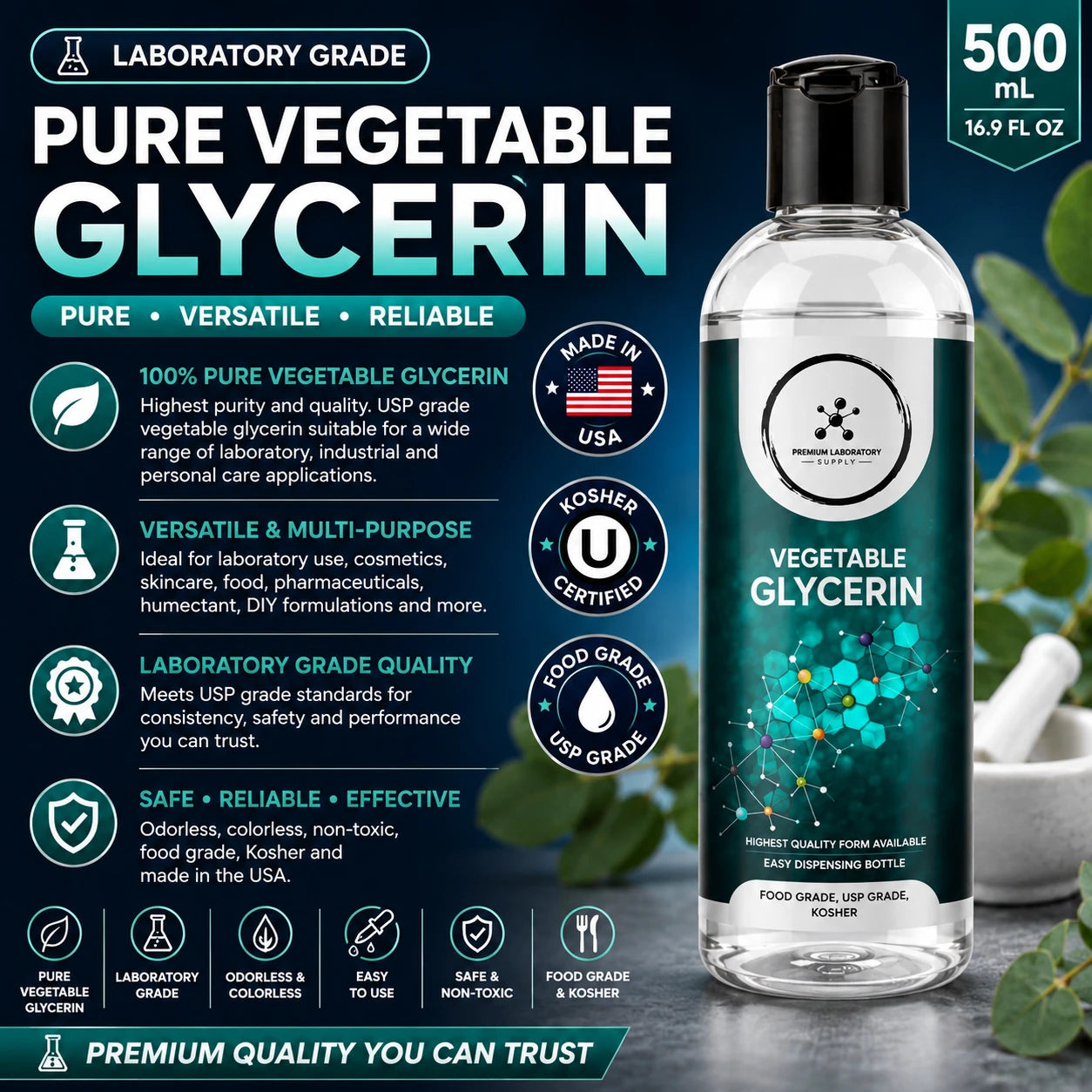 A bottle of Pure Vegetable Glycerin shown on a dark promotional background with text callouts, icons, and a 500 mL size label. The bottle is clear with a black cap and printed label details. Available at Viking lab Supply