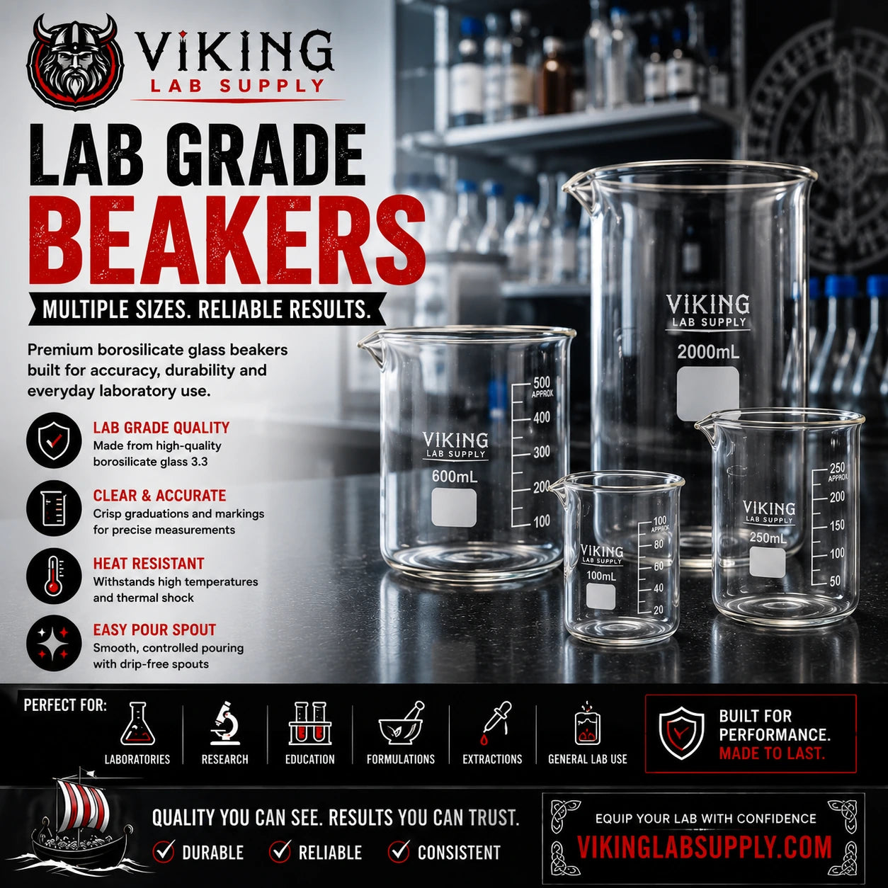 Borosilicate glass beakers in various sizes for lab use, ensuring precision and durability in laboratory settings.