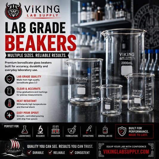 Borosilicate glass beakers in various sizes for lab use, ensuring precision and durability in laboratory settings.