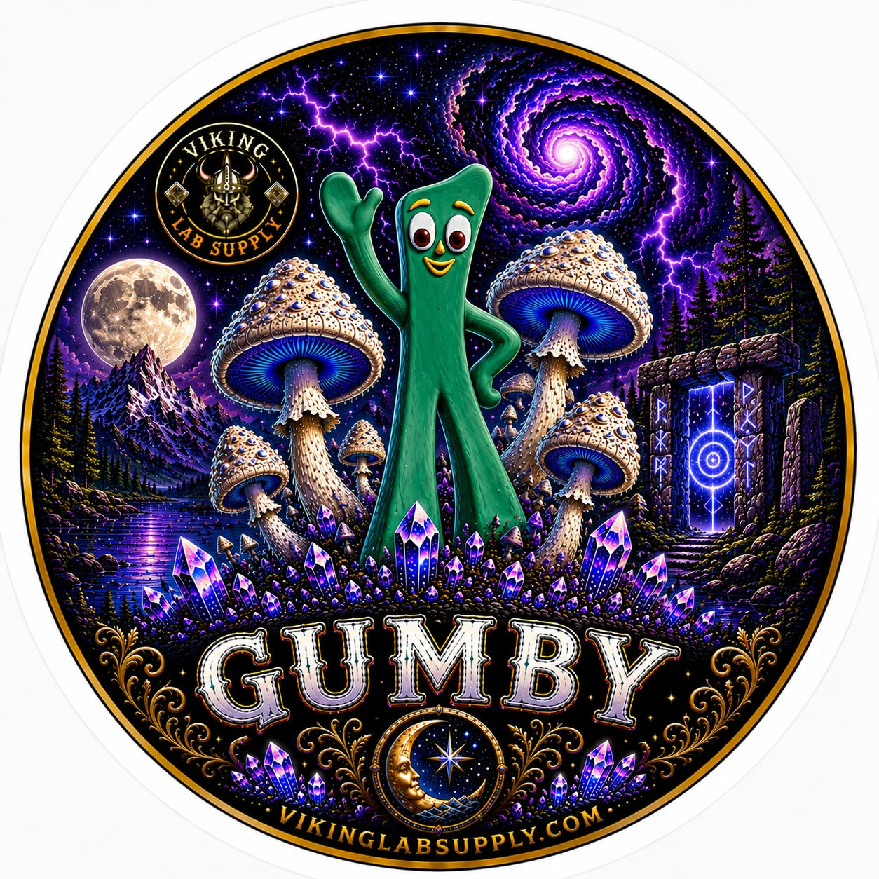 Liquid Cultures in 10ML Syringes for mycology research, featuring Viking Lab Supply's Gumby illustration with fungi artwork.