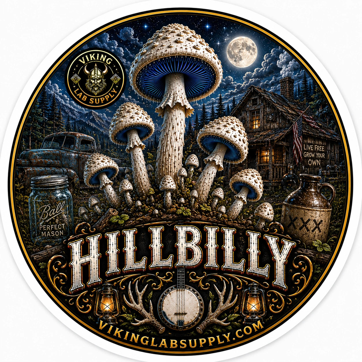 Liquid Cultures in 10ML Syringes for mycology research, featuring Viking Lab Supply's Hillbilly illustration with fungi artwork.