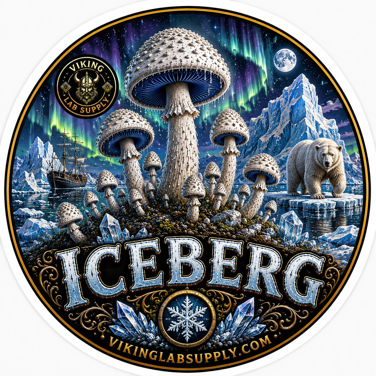 Liquid Cultures in 10ML Syringes for mycology research, featuring Viking Lab Supply's Iceberg illustration with fungi artwork.