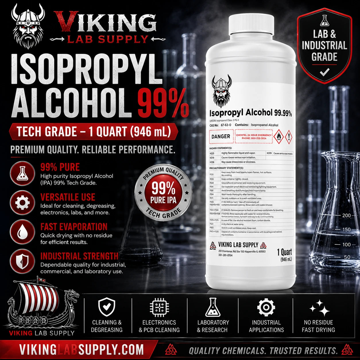 A bottle of Isopropyl Alcohol 99.9% Tech Grade, 1 Quart (946 mL), shown on a dark promotional background with beakers, text callouts, and branding.