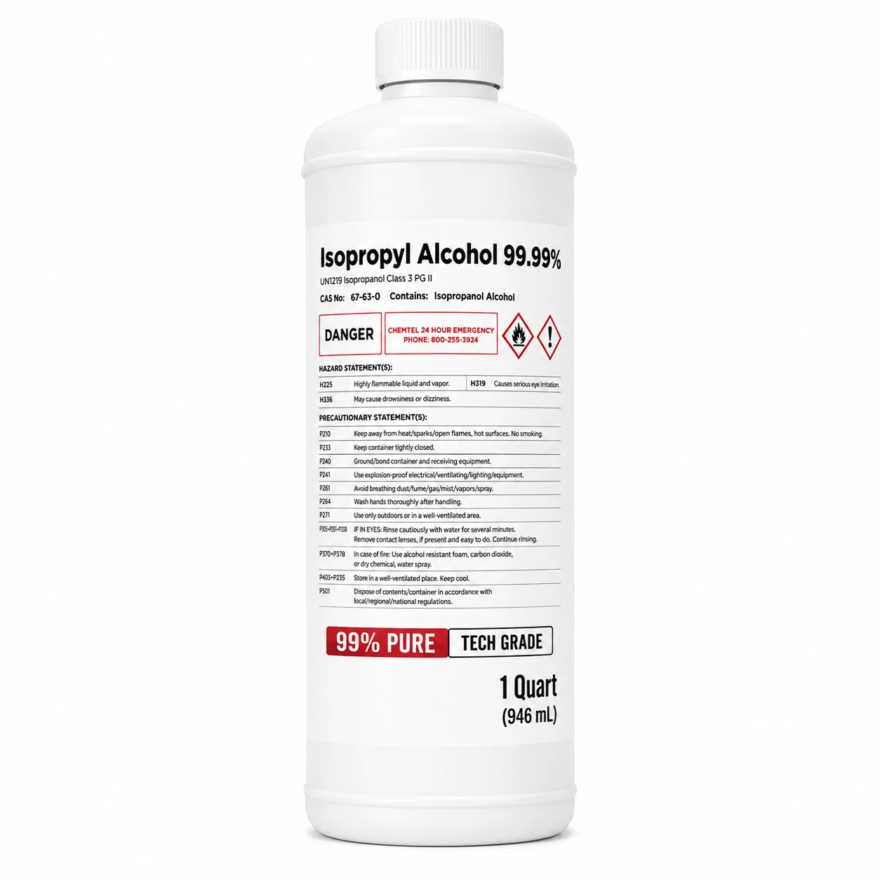 A white plastic bottle of Isopropyl Alcohol 99.9% Tech Grade, 1 Quart (946 mL), with a white cap and a detailed black and red label, shown against a plain white background.