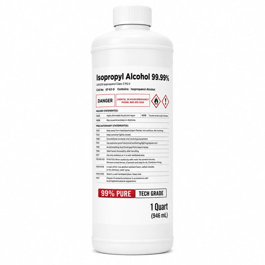 A white plastic bottle of Isopropyl Alcohol 99.9% Tech Grade, 1 Quart (946 mL), with a white cap and a detailed black and red label, shown against a plain white background.