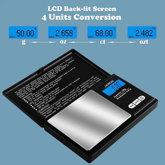 Digital scale with LCD screen, measures up to 100g with 0.01g precision, showing multiple unit conversions.