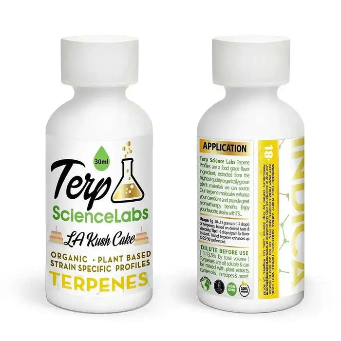 TS Labs LA Kush Cake representative 30mL bottle front and back; listing supplies 15mL