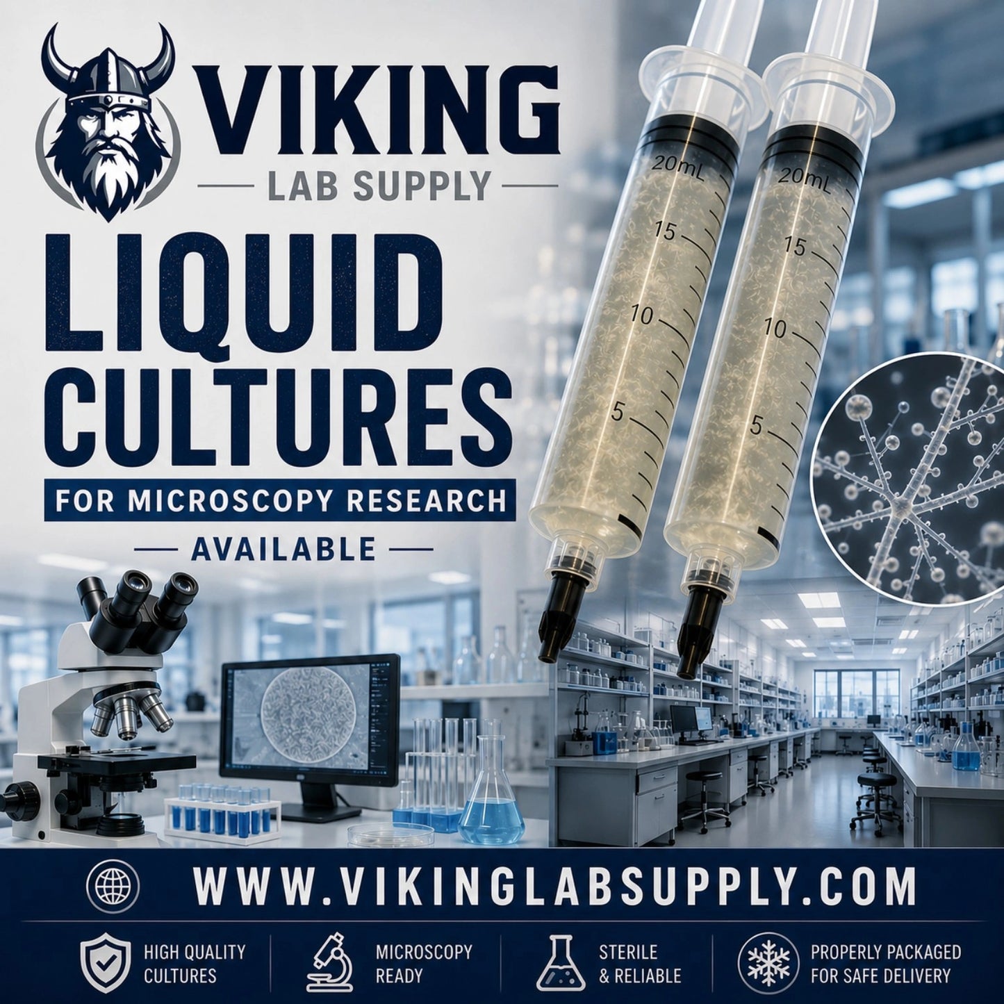 Liquid Cultures in 10ML syringes for microscopy research displayed in a laboratory setting, highlighting sterile and reliable solutions.