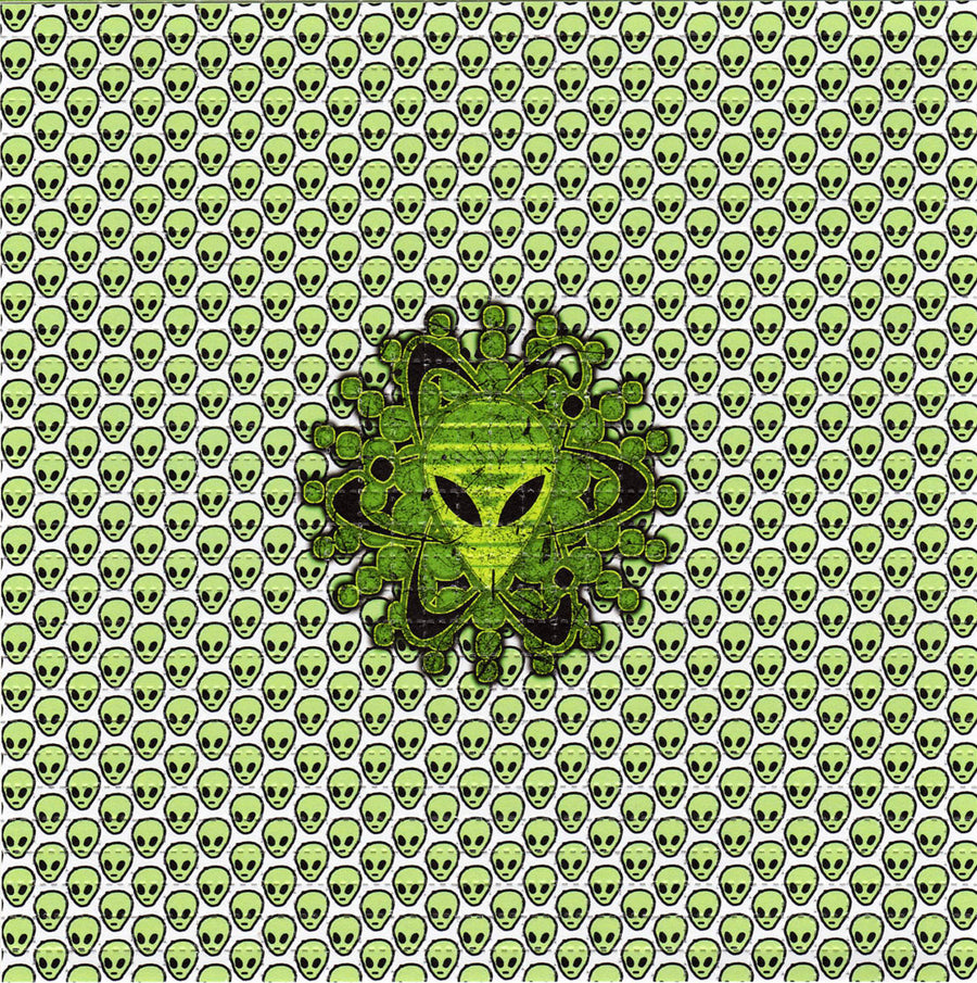 Blotter Art - acid free perforated blotter paper featuring green alien design, perfectly perforated into 900 tabs.