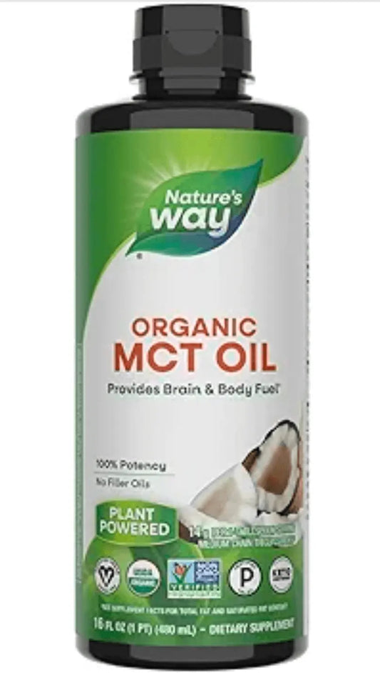 Organic MCT Oil bottle, 16 Fl Oz, premium Kosher food grade, high-quality medium-chain triglycerides, natural supplement.