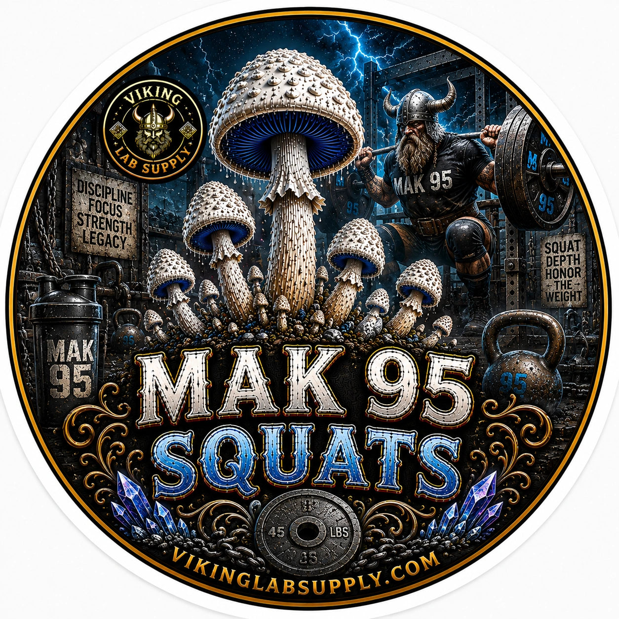 Liquid Cultures in 10ML Syringes for mycology research, featuring Viking Lab Supply's Mak 95 Squats illustration with fungi artwork.