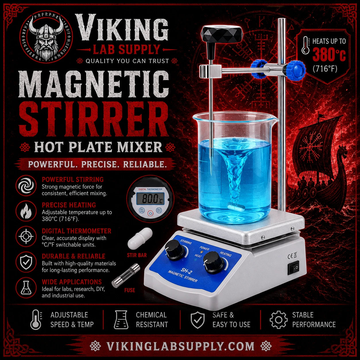 Viking Lab Supply magnetic hot plate mixer with a glass beaker of blue liquid, shown on a dark red promotional background with product features and temperature callouts.