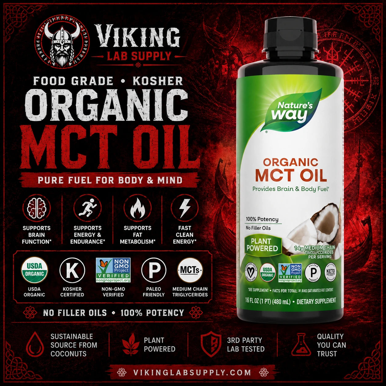 Viking Lab Supply Organic MCT Oil bottle shown on the right against a dark red promotional background with product text, certification icons, and branding. The bottle is white and green with a black cap, and the overall image is branded Viking Lab Supply.