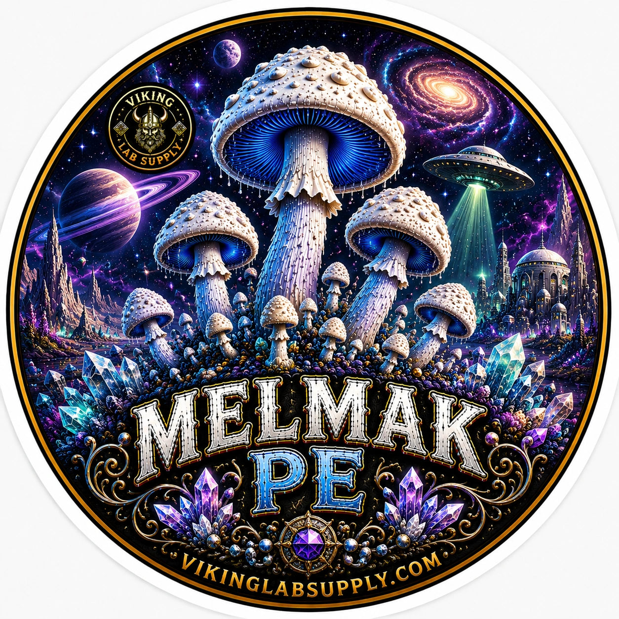 Liquid Cultures in 10ML Syringes for mycology research, featuring Viking Lab Supply's Melmak PE illustration with fungi artwork.