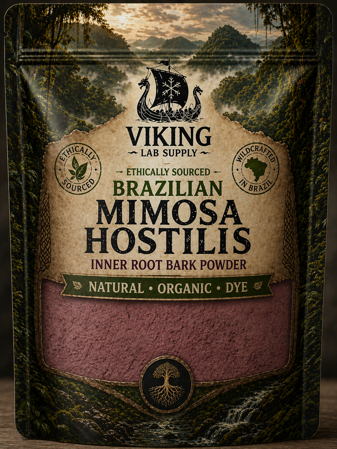 Packaging of Mimosa Hostilis Inner Root Bark Powder, natural organic dye by Viking Lab Supply, ethereal forest background.