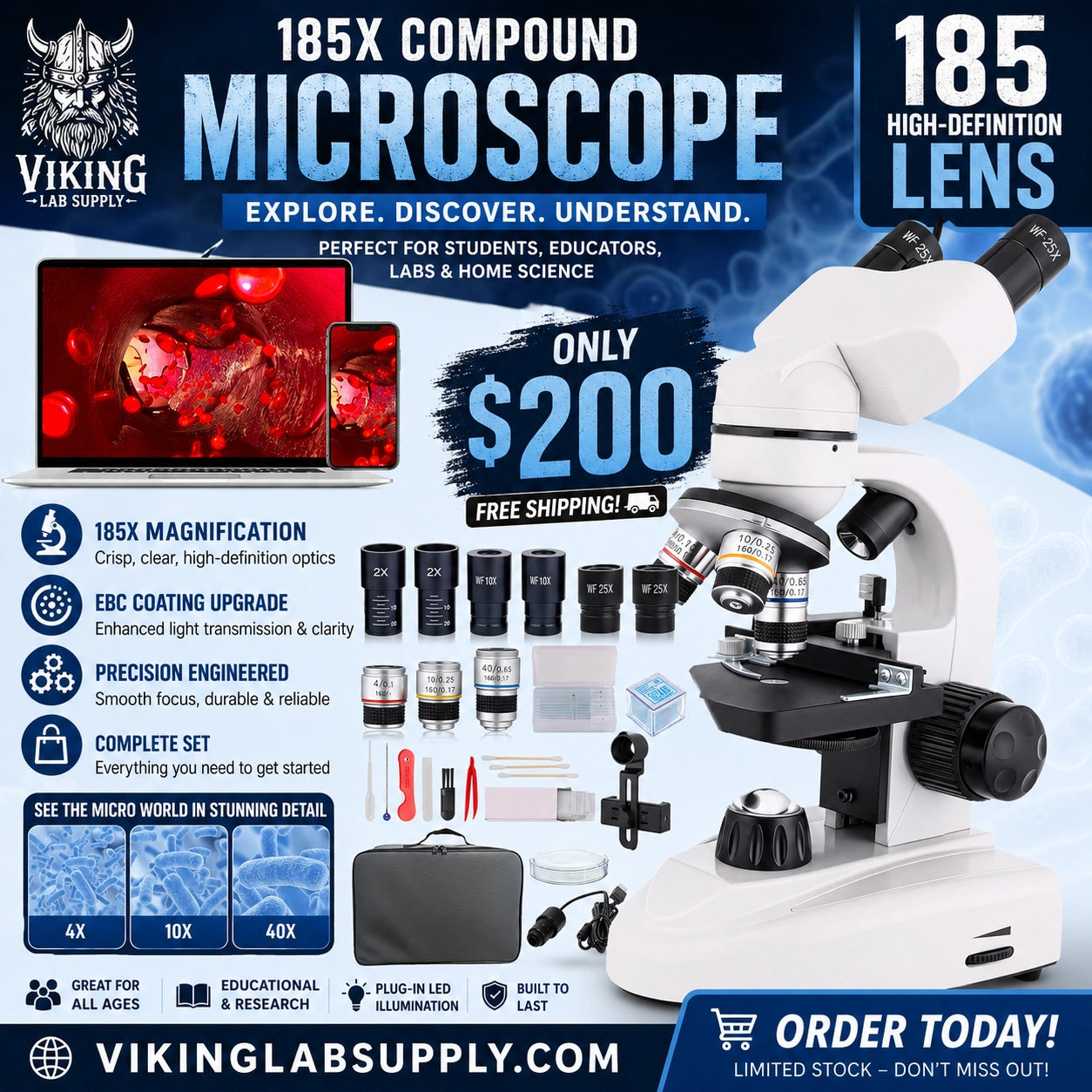 Binocular Compound Microscope with 185X magnification, ideal for education and research. Includes accessories and features high-definition lens.