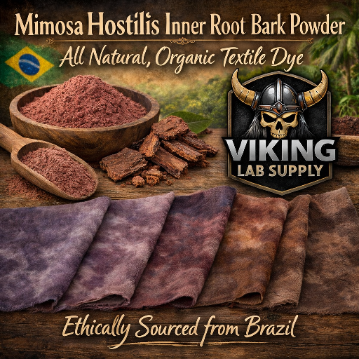 Mimosa Hostilis Inner Root Bark organic dye powder and chips, ethically sourced from Brazil, with dyed fabric samples and Viking Lab Supply logo