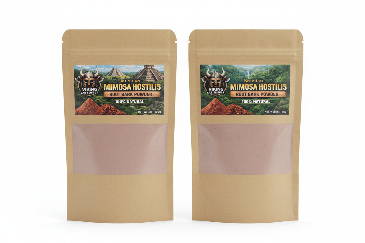 Mimosa Hostilis Root Bark Powder 100g Natural Dye in two beige packages from Brazil and Mexico