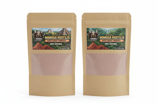 Mimosa Hostilis Root Bark Powder 100g Natural Dye in two beige packages from Brazil and Mexico