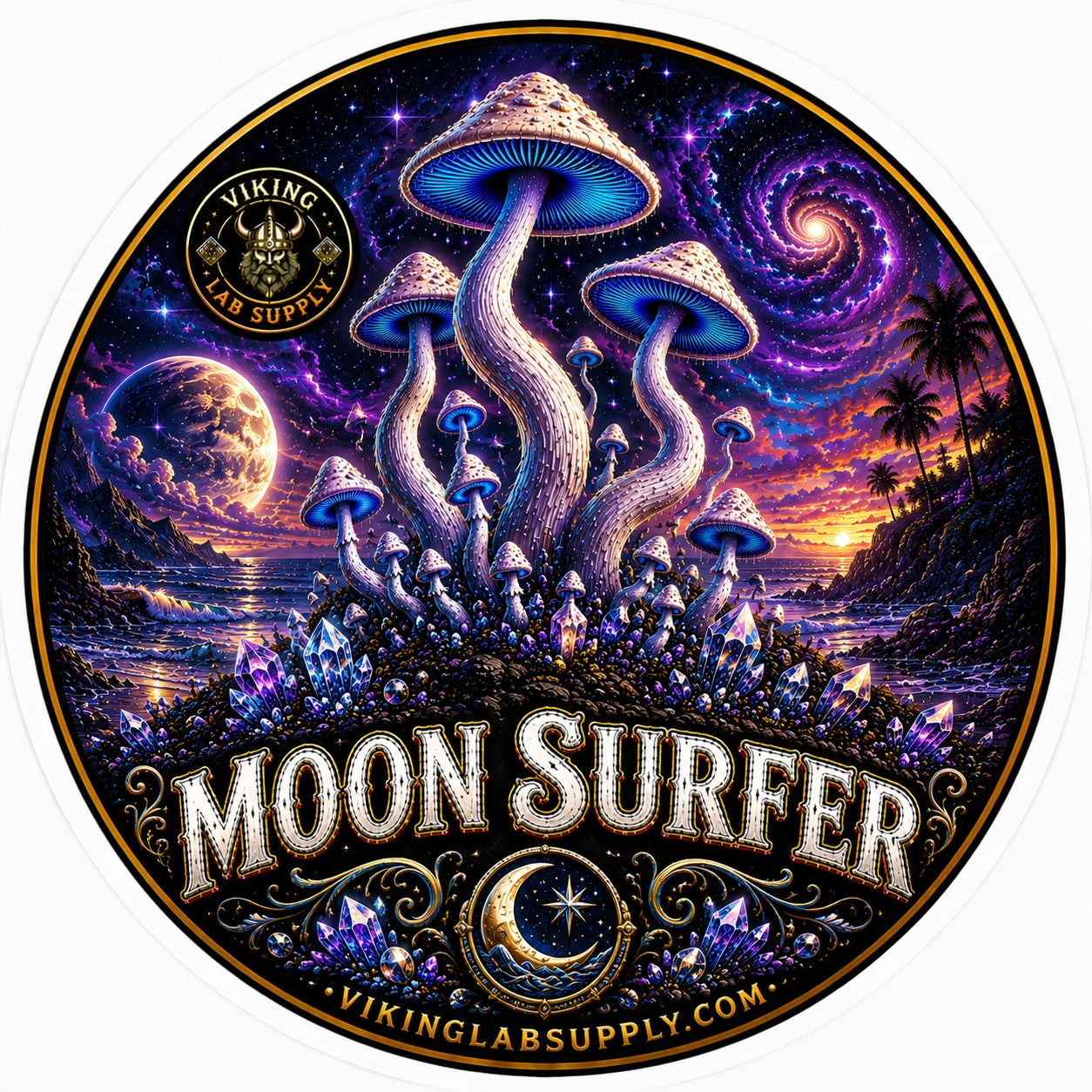 Liquid Cultures in 10ML Syringes for mycology research, featuring Viking Lab Supply's Moon Surfer illustration with fungi artwork.