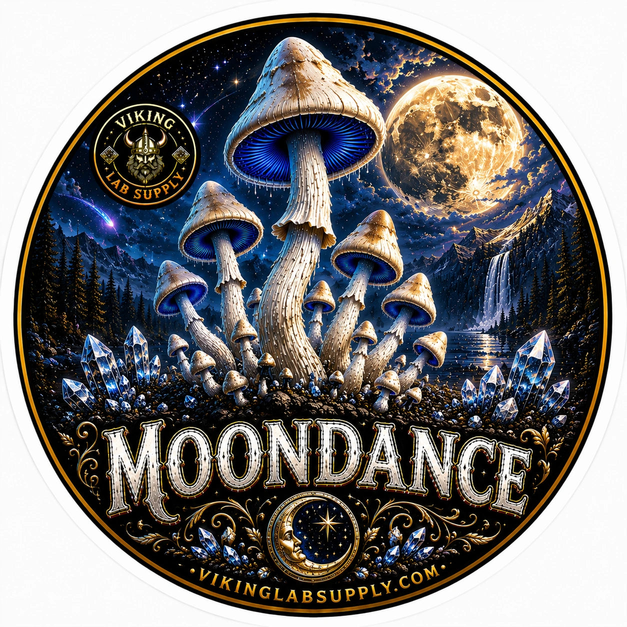 Liquid Cultures in 10ML Syringes for mycology research, featuring Viking Lab Supply's Moondance illustration with fungi artwork.