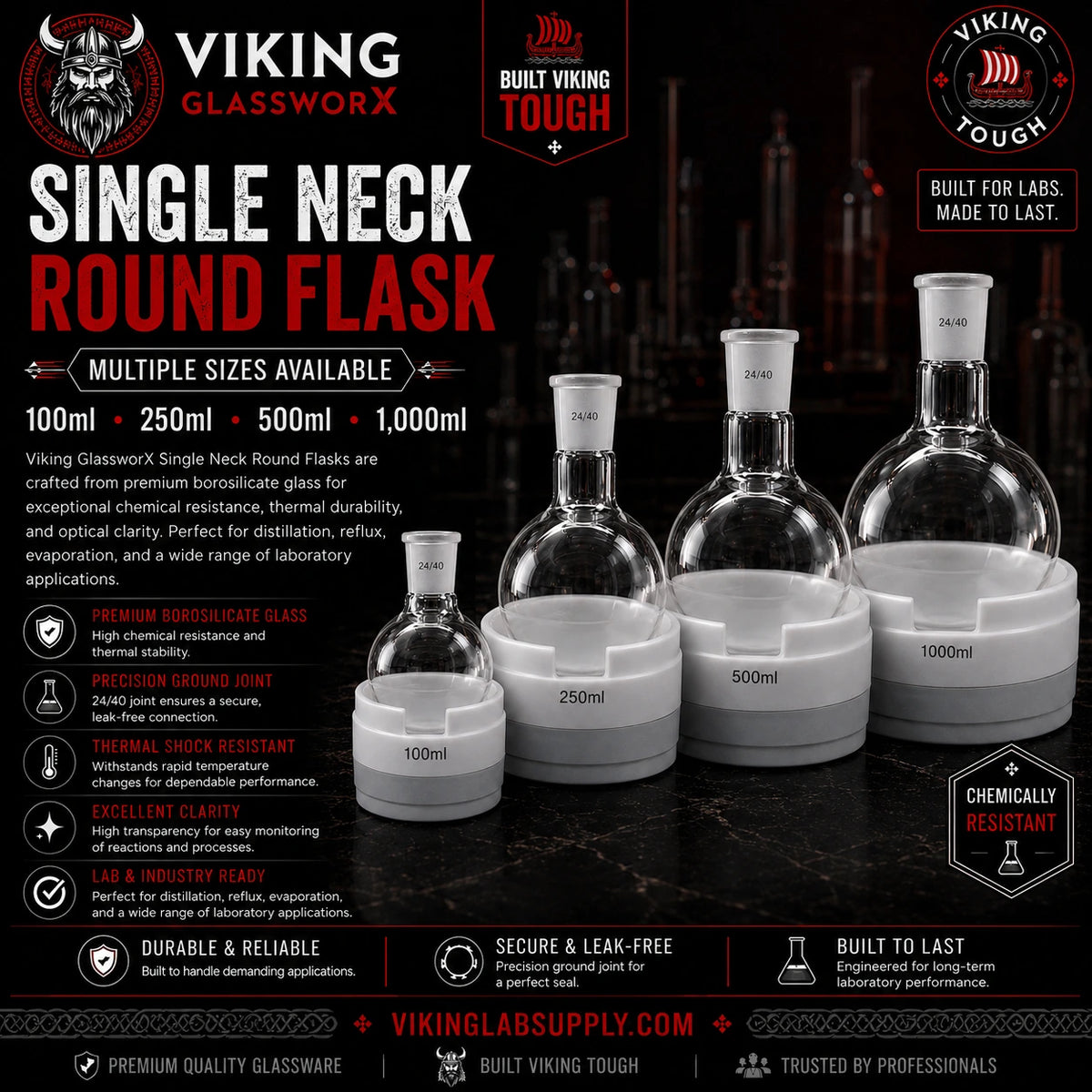 Single Neck Round Flasks by VIKING GLASSWORX™, available in multiple sizes, made from high-grade borosilicate glass for lab use.