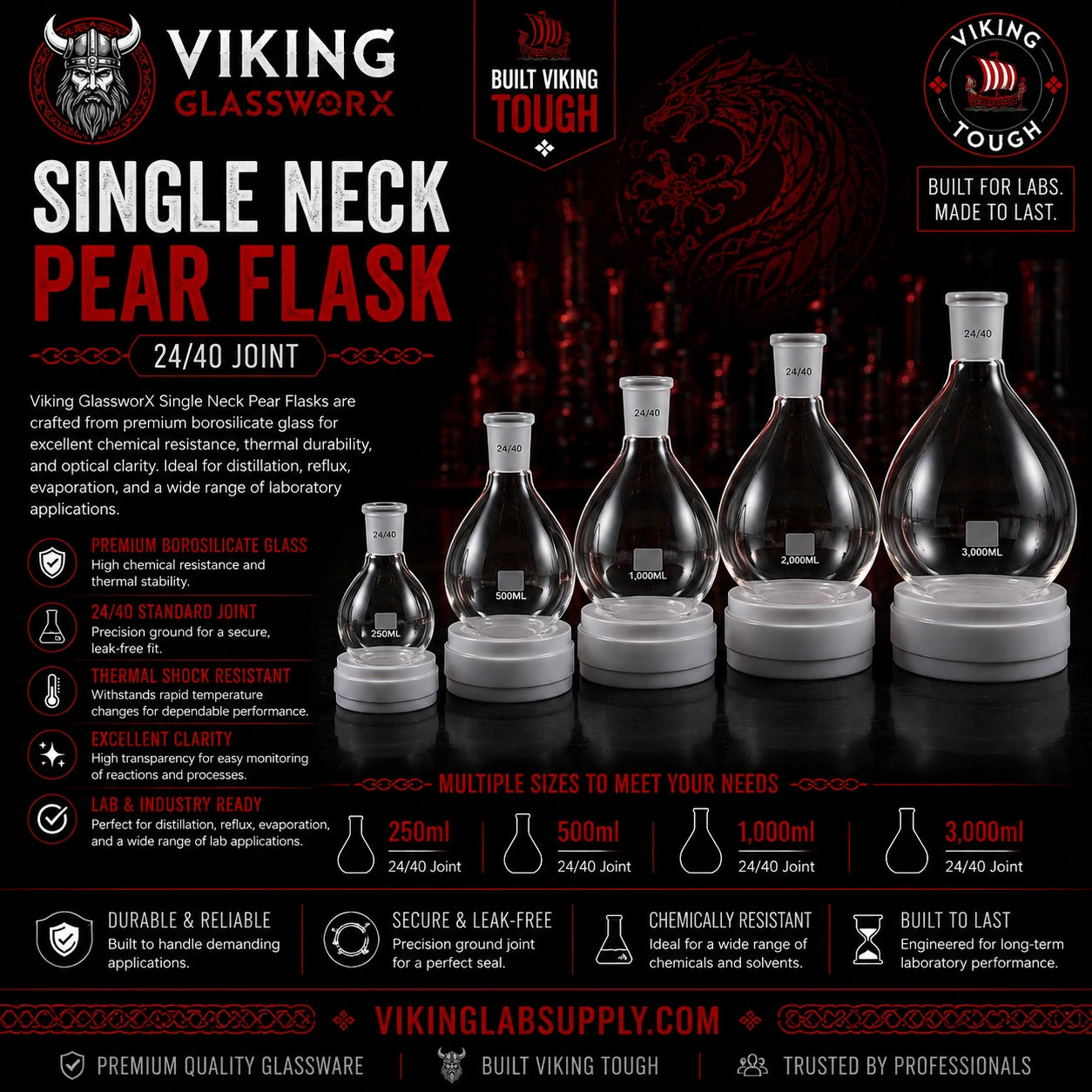 A promotional infographic for Viking Glasswork Single Neck Pear Flask glassware, showing five different flask sizes from 25ml to 3000ml on a black background with red dragon artwork and white and red text detailing product features and specifications.