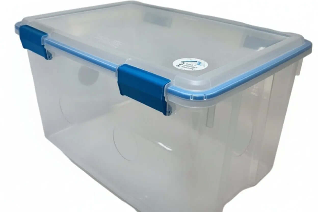 Mycology fruiting chamber and AIO Bag combo pack featuring a transparent chamber box with blue latches for mushroom cultivation.