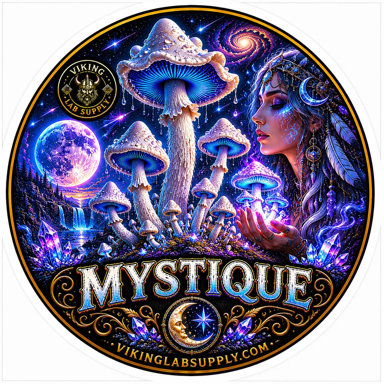 Liquid Cultures in 10ML Syringes for mycology research, featuring Viking Lab Supply's Mystique illustration with fungi artwork.