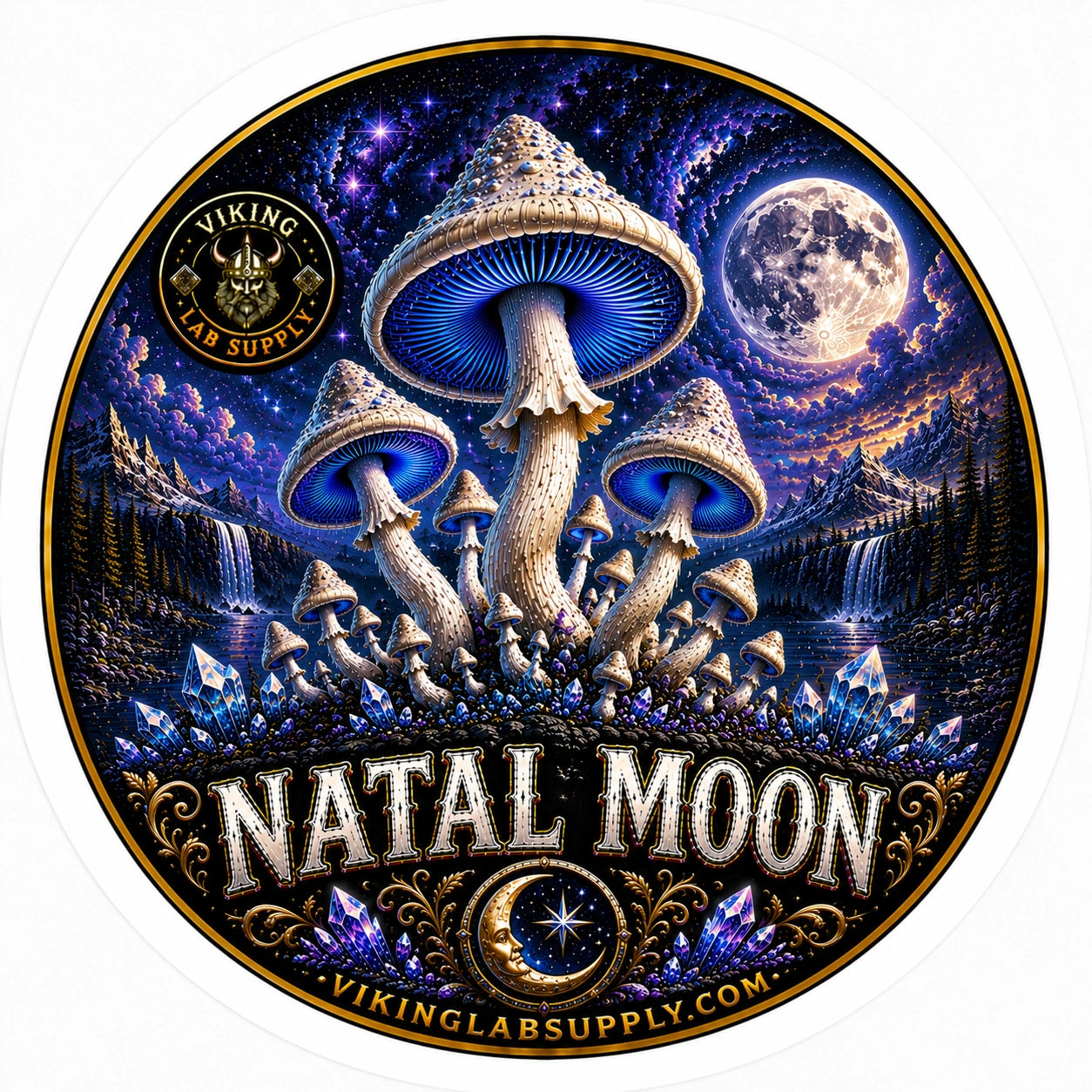 Liquid Cultures in 10ML Syringes for mycology research, featuring Viking Lab Supply's Natal Moon illustration with fungi artwork.