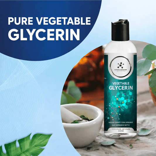 Bottle of vegetable glycerin with a blue background and text.