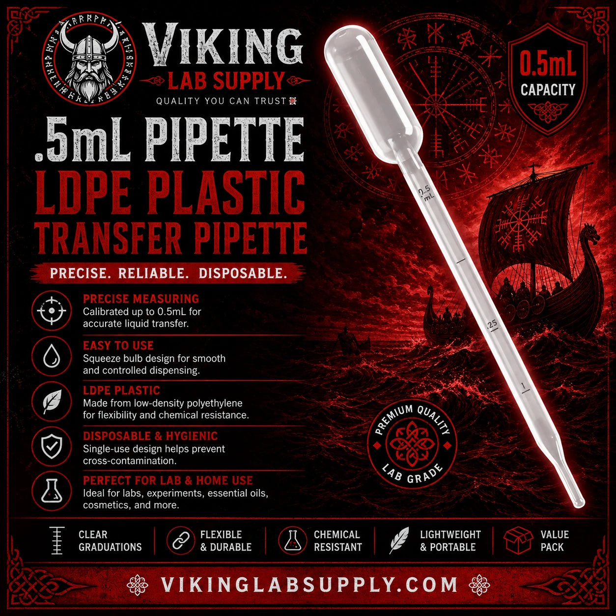 A clear 0.5 mL LDPE plastic transfer pipette shown diagonally on a dark red Viking-themed product card with text and illustrations.