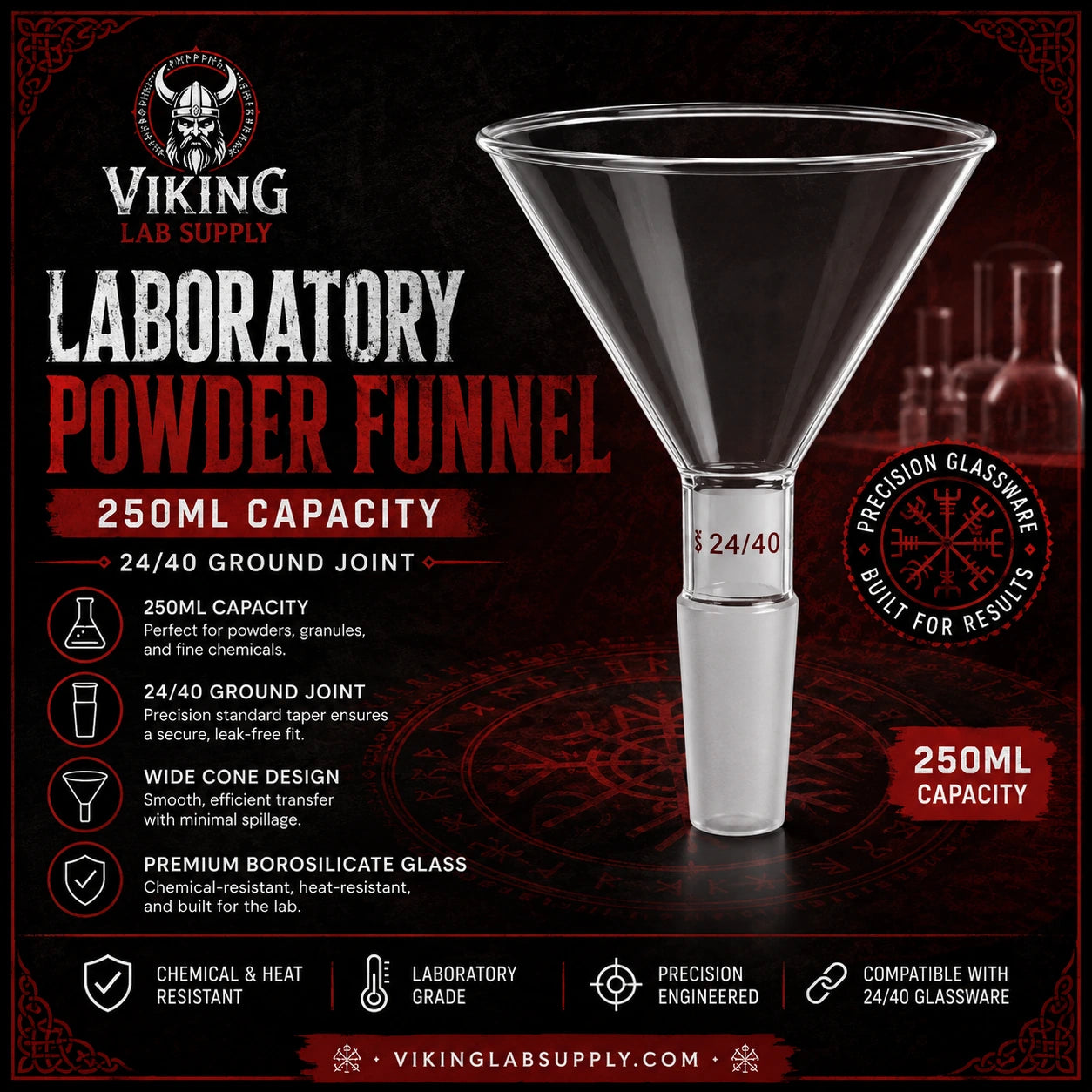 250ML laboratory powder funnel with 24/40 ground joint and chemical-resistant borosilicate glass, precision engineered for labs.