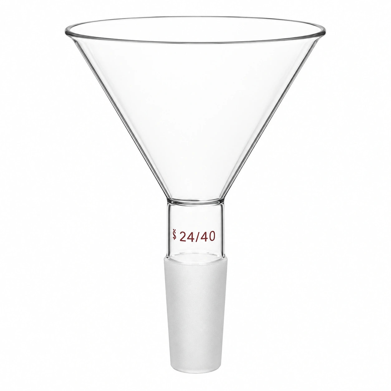 Clear glass funnel with a white frosted base, featuring red printed text reading 24/40 on the neck, shown against a plain white background.