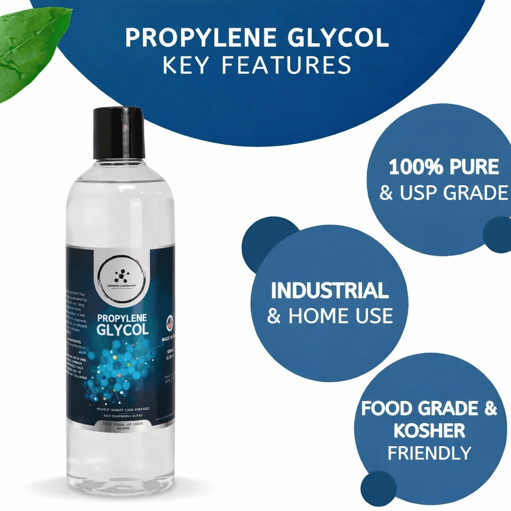 Bottle of propylene glycol with key features highlighted on a blue and white background