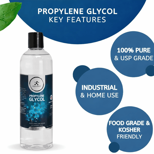 Bottle of propylene glycol with key features highlighted on a blue and white background