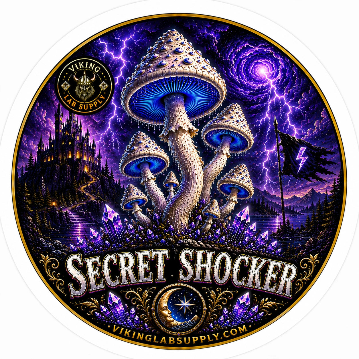 Liquid Cultures in 10ML Syringes for mycology research, featuring Viking Lab Supply's Secret Shocker illustration with fungi artwork.
