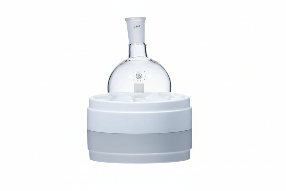 Single Neck Round Flasks by VIKING GLASSWORX™ in laboratory setting, crafted from High Grade Borosilicate 3.3 for precision and durability.