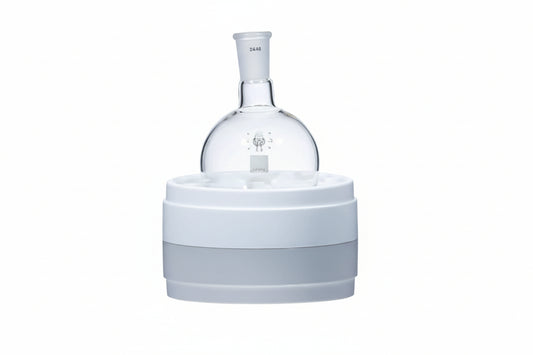 Single Neck Round Flasks by VIKING GLASSWORX™ in laboratory setting, crafted from High Grade Borosilicate 3.3 for precision and durability.