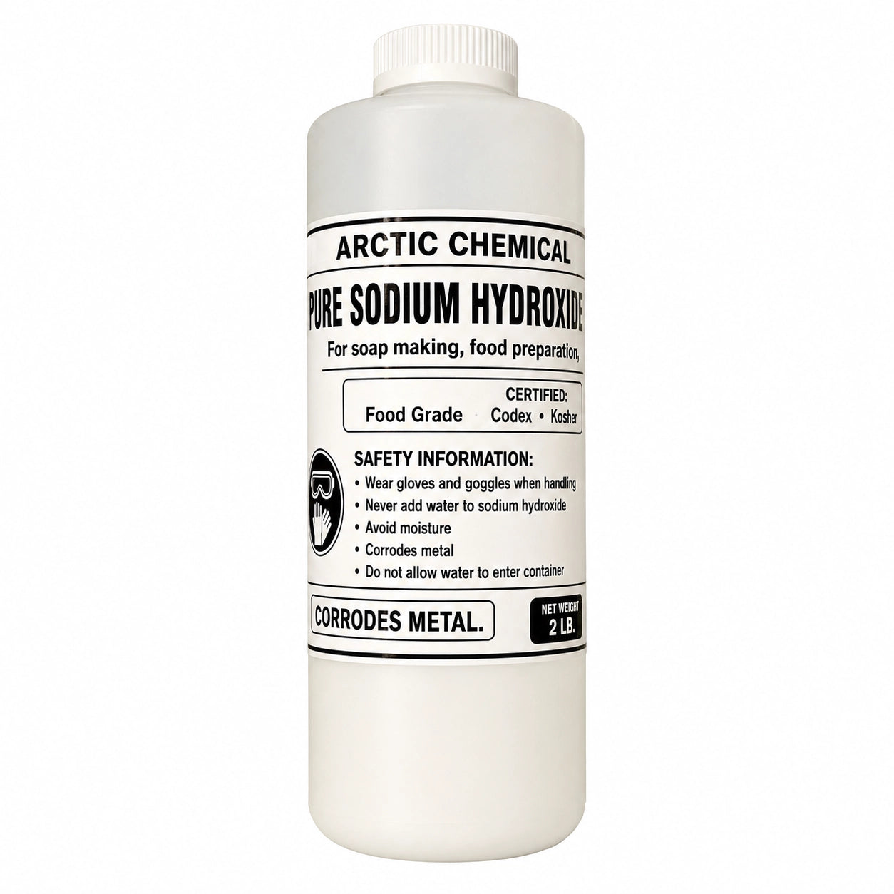 Bottle of Arctic Chemical Pure Sodium Hydroxide on a white background
