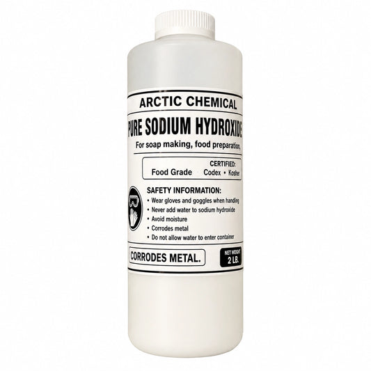 Bottle of Arctic Chemical Pure Sodium Hydroxide on a white background