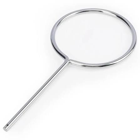 A polished silver metal magnifying glass with a circular lens and a long handle, shown on a plain white background.