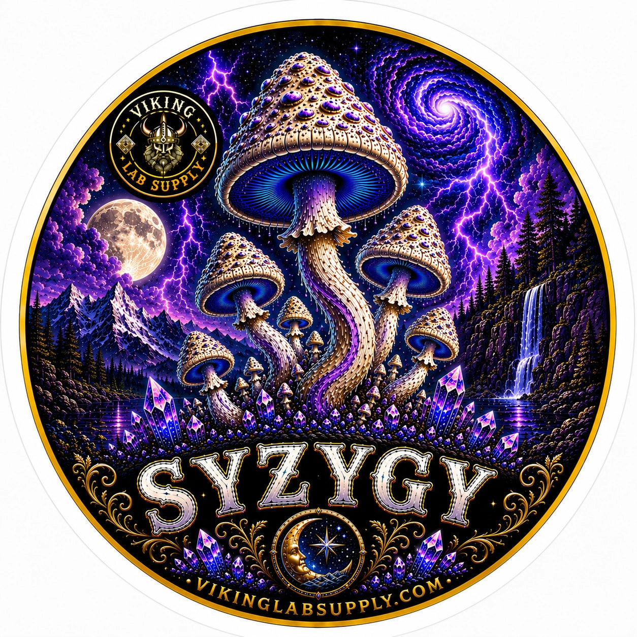 Liquid Cultures in 10ML Syringes for mycology research, featuring Viking Lab Supply's Syzygy illustration with fungi artwork.